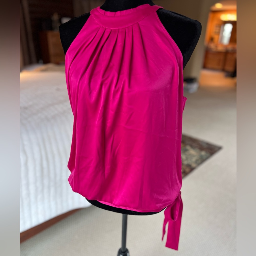 Hot pink, silky sleeveless top, size Large